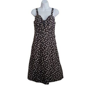 Anthropologie Maeve Cherry Girl Tie Front Smocked Fit Flare Retro  6P Goth